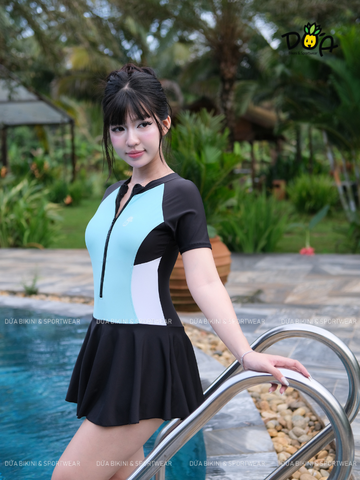 SORA ELYSE SWIMWEAR - Đồ Bơi Nữ Liền Thân Váy Tay Ngắn Khóa Kéo Chống Nắng Kín Đáo| DỨA BIKINI & SPORTWEAR