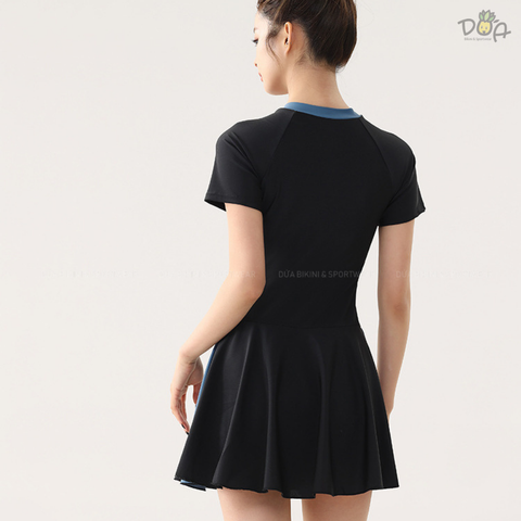 Đồ bơi nữ liền thân tay ngắn dạng váy sọc có khóa kéo trước ngực |  DỨA BIKINI & SPORTWEAR