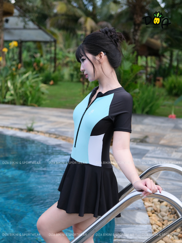 SORA ELYSE SWIMWEAR - Đồ Bơi Nữ Liền Thân Váy Tay Ngắn Khóa Kéo Chống Nắng Kín Đáo| DỨA BIKINI & SPORTWEAR
