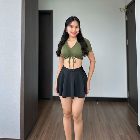 Đồ bơi nữ hai mảnh dáng váy xòe phối áo tay ngắn màu rêu | DỨA BIKINI & SPORTWEAR