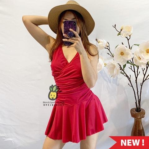 Bikini liền váy nhún eo màu đỏ đô