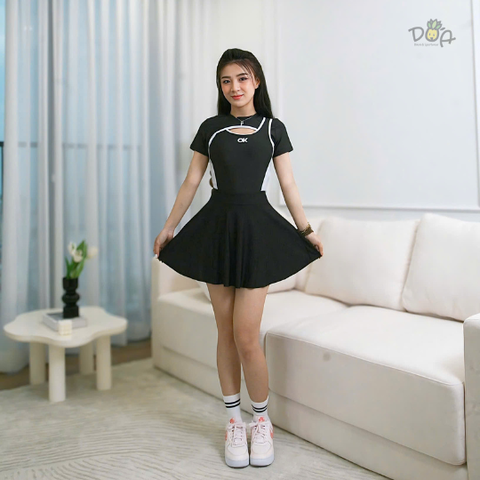 Đồ bơi nữ liền thân dáng liền quần tay ngắn phối trắng đen cao cấp | DỨA BIKINI & SPORTWEAR