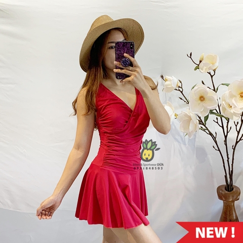 Bikini liền váy nhún eo màu đỏ đô