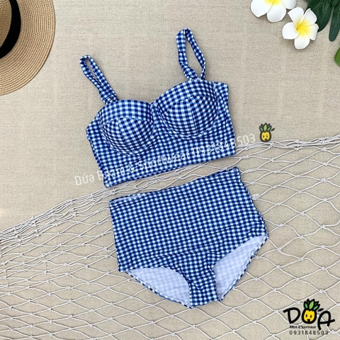 Bikini 2 mảnh caro xanh cạp cao