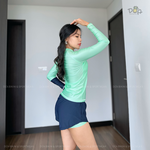 Clamfit Bikini | Đồ bơi nữ hai mảnh tay dài quần đùi năng động màu xanh mint | DỨA BIKINI &SPORTWEAR