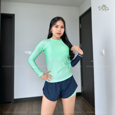 Clamfit Bikini | Đồ bơi nữ hai mảnh tay dài quần đùi năng động màu xanh mint | DỨA BIKINI &SPORTWEAR