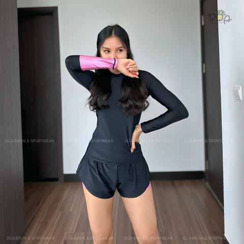 Clamfit Bikini | Đồ bơi nữ hai mảnh tay dài quần đùi năng động màu xanh đen phối tay hồng| DỨA BIKINI &SPORTWEAR
