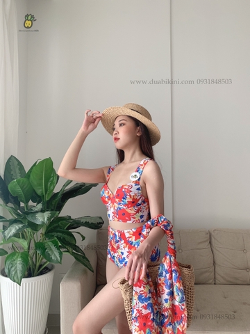 Đồ bơi nữ ba mảnh hoa cam kèm khăn quấn đi biển | DỨA BIKINI & SPORTWEAR