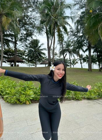Đồ Bơi Nữ Tay Dài Quần Dài Chống Nắng Kín Đáo Co Giãn Tốt Màu Đen Che Khuyết Điểm | DỨA BIKINI & SPORTWEAR