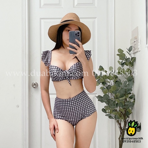 Đồ bơi nữ hai mảnh quần cạp cao caro tay cánh tiên | DỨA BIKINI & SPORTWEAR