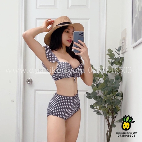 Đồ bơi nữ hai mảnh quần cạp cao caro tay cánh tiên | DỨA BIKINI & SPORTWEAR