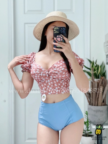 Đồ bơi nữ hai mảnh cạp cao hoa nhí nâu đất | DỨA BIKINI & SPORTWEAR