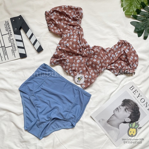Đồ bơi nữ hai mảnh cạp cao hoa nhí nâu đất | DỨA BIKINI & SPORTWEAR