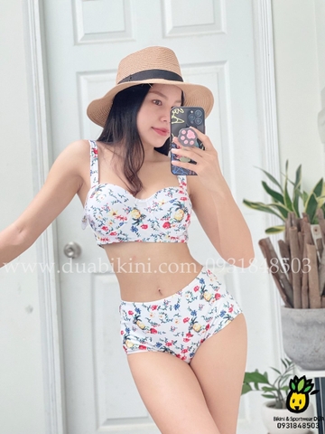 Đồ bơi nữ hai mảnh cạp cao hoa nhí màu trắng | DỨA BIKINI & SPORTWEAR