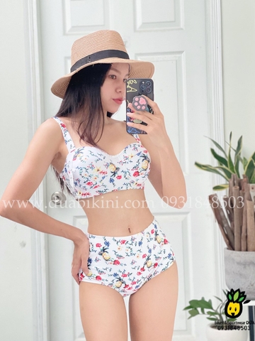 Đồ bơi nữ hai mảnh cạp cao hoa nhí màu trắng | DỨA BIKINI & SPORTWEAR