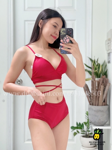 Bikini 2 mảnh áo tam giác đan lưng + quần cạp cao đỏ đô