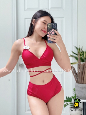 Bikini 2 mảnh áo tam giác đan lưng + quần cạp cao đỏ đô