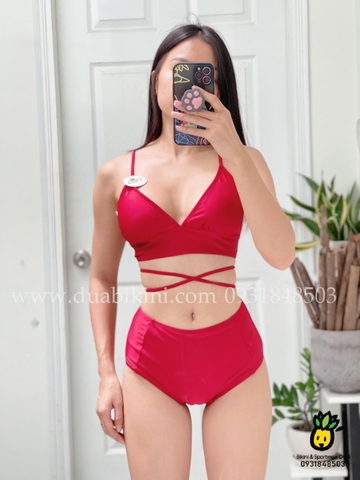 Bikini 2 mảnh áo tam giác đan lưng + quần cạp cao đỏ đô