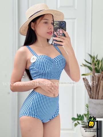 Bikini 2 mảnh caro xanh cạp cao