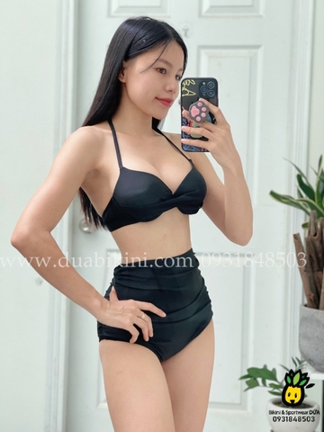 Đồ bơi nữ hai mảnh quần cạp cao nhún phối áo gọng mút vừa màu đỏ đô | DỨA BIKINI & SPORTWEAR