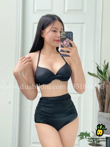 Đồ bơi nữ hai mảnh quần cạp cao nhún phối áo gọng mút vừa màu đỏ đô | DỨA BIKINI & SPORTWEAR