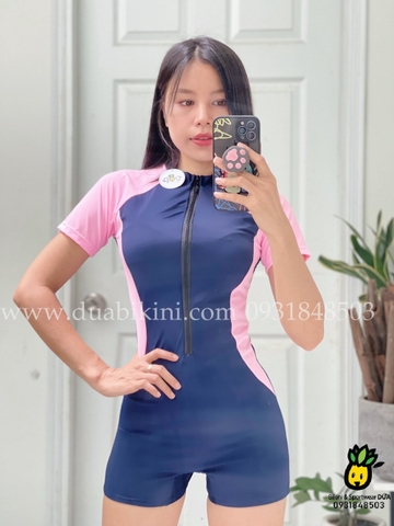 Đồ bơi nữ liền thân dáng quần tay ngắn phối hồng | DỨA BIKINI & SPORTWEAR