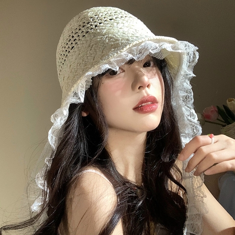 Nón cói đi biển nhỏ nhắn phối ren xinh NC0510