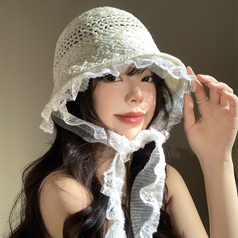 Nón cói đi biển nhỏ nhắn phối ren xinh NC0510