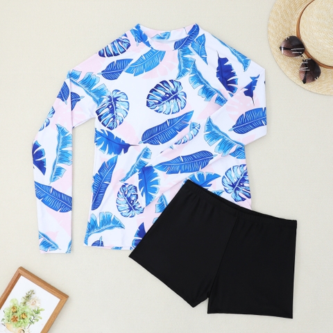 Bộ đồ bơi nữ tay dài họa tiết lá xanh tươi trẻ ( bigsize) | DỨA BIKINI & SPORTWEAR