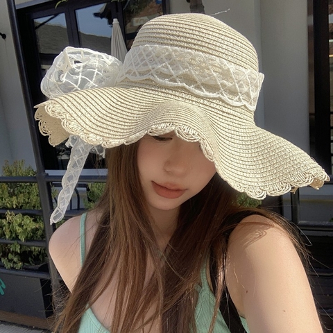 Mũ Cói Đi Biển Viền Sóng Dây Ren Cột Nơ