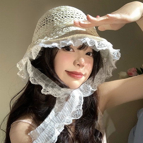 Nón cói đi biển nhỏ nhắn phối ren xinh NC0510