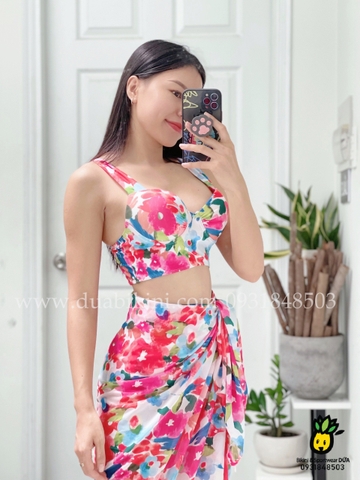 Đồ bơi nữ ba mảnh hoa cam kèm khăn quấn đi biển | DỨA BIKINI & SPORTWEAR