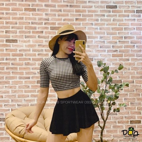 Bikini tay lở crop caro chân váy xòe