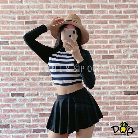 Bikini tay dài crop sọc mix váy