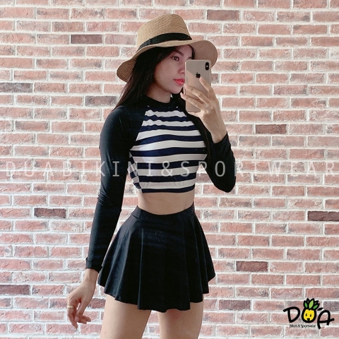 Bikini tay dài crop sọc mix váy