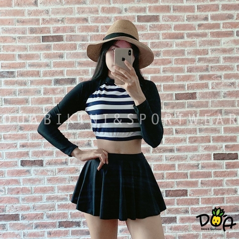 Bikini tay dài crop sọc mix váy