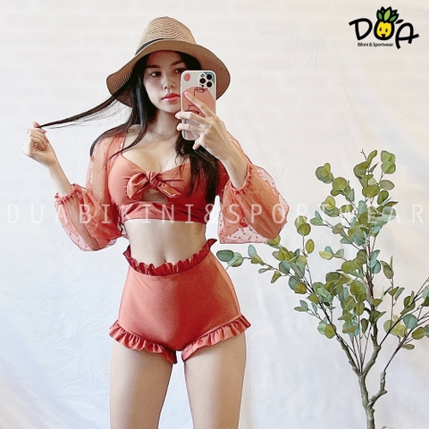 Đồ bơi 2 mảnh tay dài ren mix quần bèo