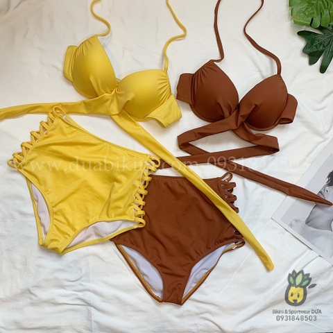 Đồ bơi nữ hai mảnh quần cạp cao đan hông phối áo nâng ngực | DỨA BIKINI & SPORTWEAR