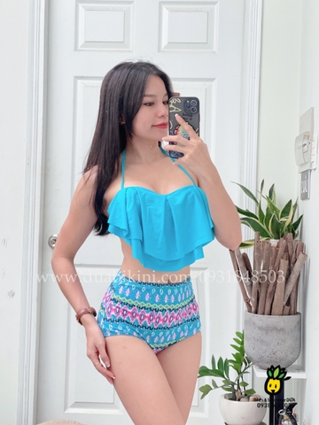 Bikini 2M bèo xanh gọng mix quần cạp cao thổ cẩm