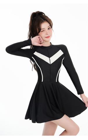 Elegant Swimdress | Đồ bơi nữ liền thân dáng váy tay dài sọc trắng | DỨA BIKINI & SPORTWEAR
