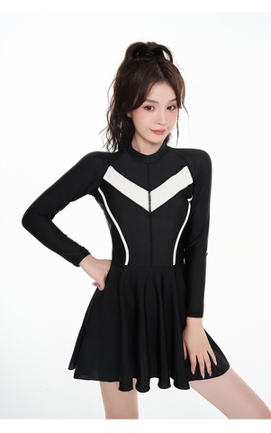 Elegant Swimdress | Đồ bơi nữ liền thân dáng váy tay dài sọc trắng | DỨA BIKINI & SPORTWEAR