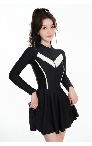 Elegant Swimdress | Đồ bơi nữ liền thân dáng váy tay dài sọc trắng | DỨA BIKINI & SPORTWEAR
