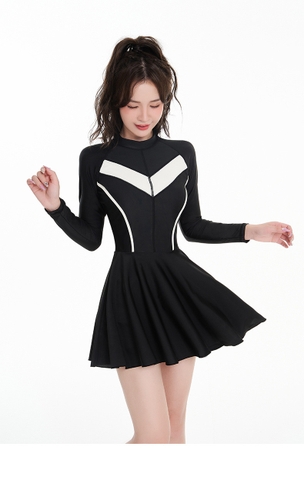 Elegant Swimdress | Đồ bơi nữ liền thân dáng váy tay dài sọc trắng | DỨA BIKINI & SPORTWEAR