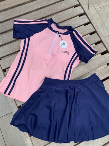 Đồ bơi nữ hai mảnh dáng váy tay ngắn viền sọc hồng sunshiny | DỨA BIKINI & SPORTWEAR