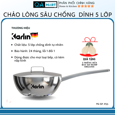 Chảo sâu lòng Karlin chống dính tự nhiên PS5 - đáy 5 lớp – đường Kính 24 cm - Hàng chính hãng, bảo hành 24 tháng