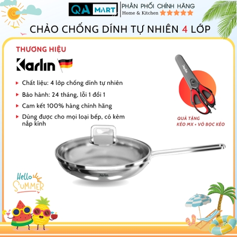 Chảo Karlin chống dính tự nhiên P4 -đáy 4 lớp – đường Kính 24 cm- Tặng Kéo - Hàng chính hãng, bảo hành 24 tháng