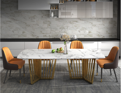 Bộ bàn ăn 6 ghế mặt đá chân inox mạ vàng cao cấp - BA 40