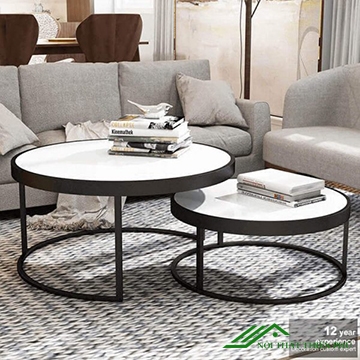 Bàn trà đôi tròn mặt đá, mặt kính chân sắt đẹp - BT 17