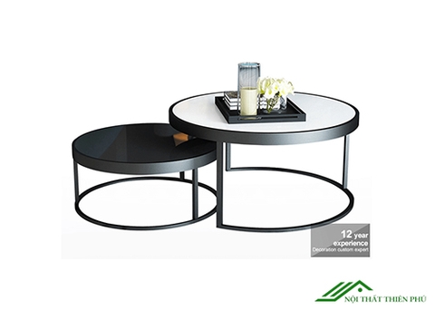 Bàn trà đôi tròn mặt đá, mặt kính chân sắt đẹp - BT 17