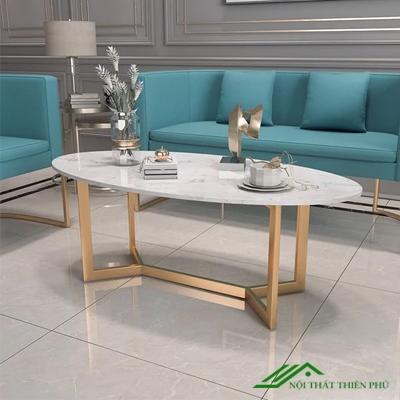 Bàn trà sofa mặt đá vân mây đẹp oval - BT 56